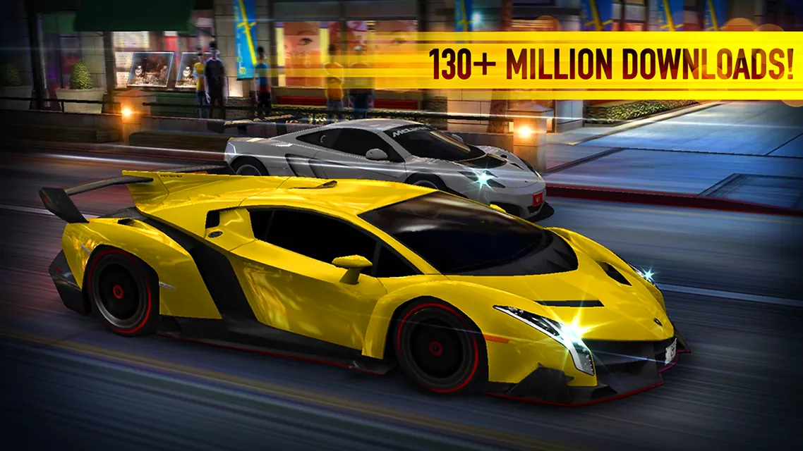 CSR Racing: two supercars racing on a city street at night