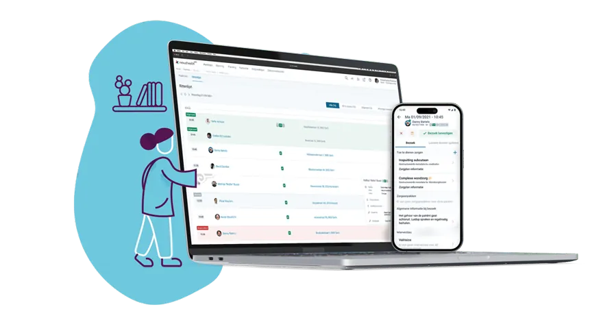 Nexuzhealth Nurse on a phone next to the web version on a laptop, showing a nurse’s visit list